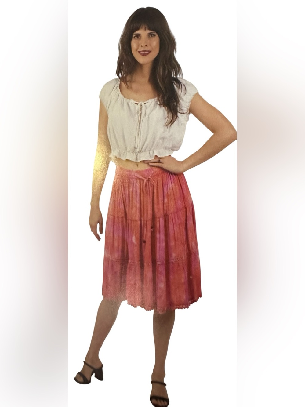 S/M Sacred Threads Pink & Orange Tiered A-Line Skirt. 5060. BL/RD3